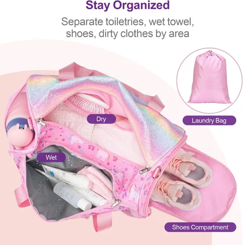 Miniatura 4 de Bagseri Bolsa de baile para niñas Bolsa de ballet con compartimento para zapatos para niños mayores de 6 años, bolsa de dormir de viaje durante
