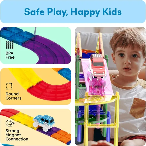Miniatura 4 de PicassoTiles Juego de construcción de pista de carreras de 100 piezas magnéticas con coches LED, carreteras ajustables y señales, kit de juguete