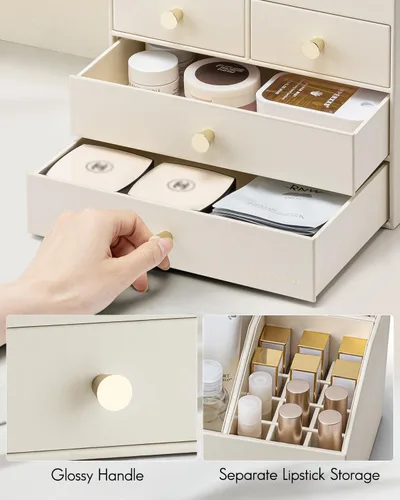 Miniatura 3 de Vlando Organizador de Maquillaje para Encimera, Organizador Grande de Tocador de Cuero PU, Almacenamiento de Maquillaje con 4 Cajones, Organizadores