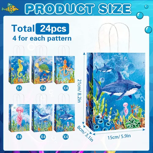 Miniatura 2 de Outus 24 bolsas de regalo para fiesta de animales marinos, temática oceánica, fiesta temática submarina, golosinas, bolsas con asa colorida