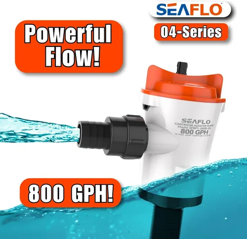 Miniatura 6 de SEAFLO Bomba aireadora Baitwell/Livewell Serie 04 de 800 GPH con entrada recta, 12 V CC, motor de cartucho reemplazable para agua salada/dulce