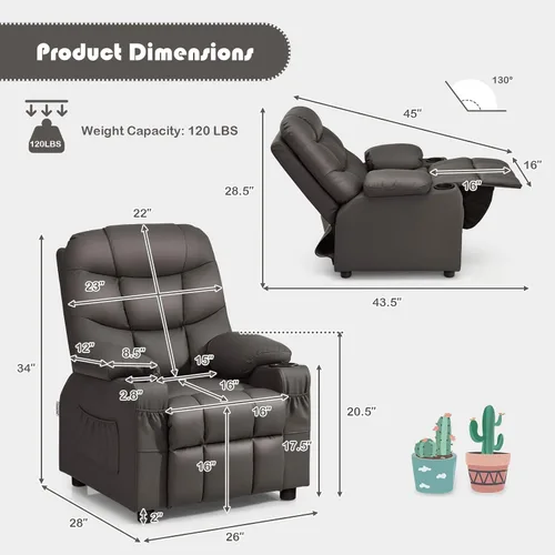 Miniatura 3 de GLACER Silla reclinable para niños con portavasos y bolsillos laterales, reclinable para niños con respaldo cómodo, reposabrazos y reposapiés, Marrón