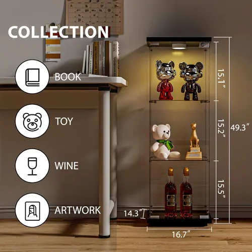 Miniatura 2 de FANYUSHOW - Vitrina de cristal templado con luces LED y cerradura, negro, gabinete Curio de 1 puerta y 3 estantes con estantes de vidrio