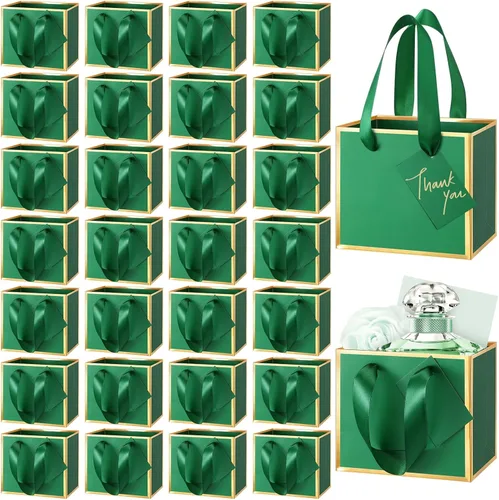 Yeaqee 50 mini bolsas de regalo de papel de aluminio metálico con asas de 4 x 4.75 x 2.25 pulgadas, pequeña bolsa de agradecimiento con etiqueta
