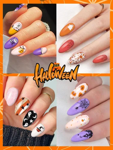 Miniatura 3 de EBANKU 14 calcomanías adhesivas de esmalte de uñas de Halloween, lindos murciélagos fantasmas, telarañas, tiras de uñas de esqueleto, con lima