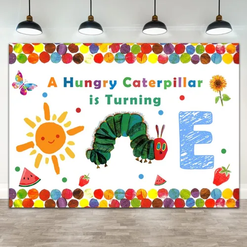 Lofaris A Hungry Caterpillar is Turning One Happy Birthday - Telón de fondo de fiesta de cumpleaños con diseño de oruga de dibujos animados, diseño