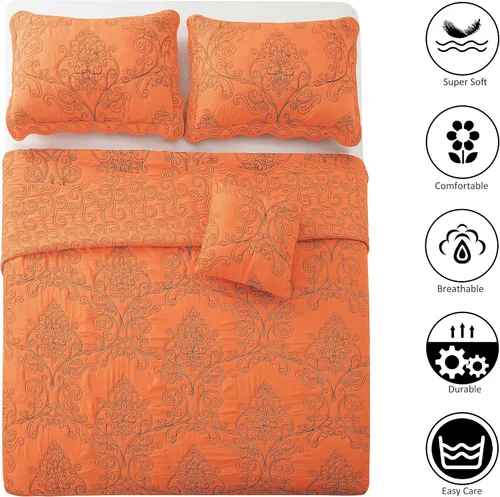 Miniatura 7 de Home Soft Things Juego de colcha de damasco de 4 piezas, edredón reversible con borde festoneado, juego de ropa de cama prelavado, patrón floral