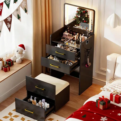 Escritorio de tocador 3 en 1 con espejo abatible y luces, mesa de tocador de maquillaje con parte superior de vidrio con estación de carga, tocador