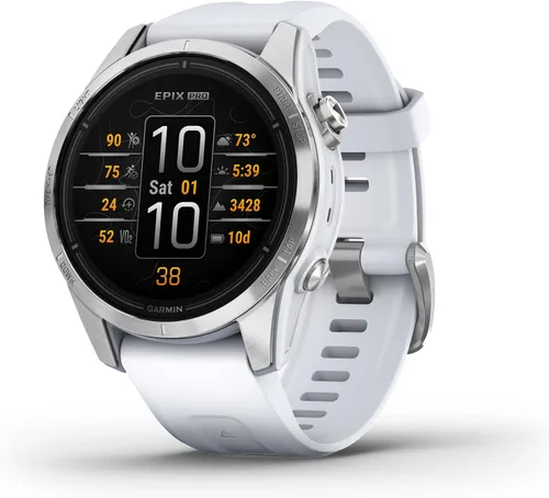 Garmin epix Pro (Gen 2), 42mm, reloj inteligente de alto rendimiento, tecnología de entrenamiento avanzada, linterna incorporada, Whitestone Plata