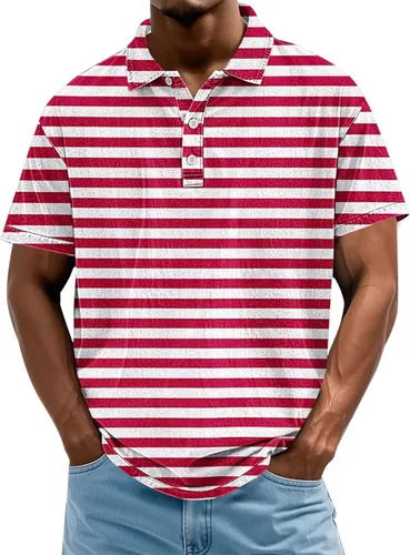 Camisa polo de manga corta para hombre, camiseta de golf a rayas, de manga corta, para vacaciones, casual, cuello en V, camiseta de verano con Rojo
