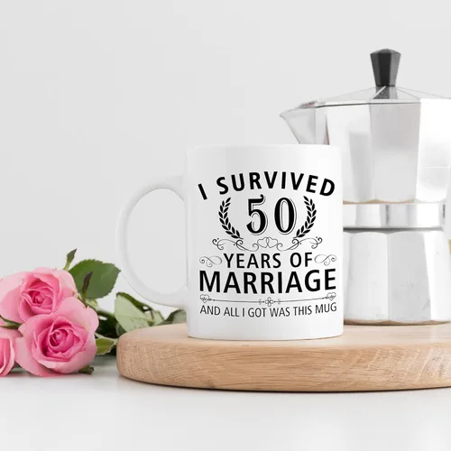 Miniatura 4 de Taza de café de 11 onzas con texto en inglés "I Survived 50 Years of Marriage and All I Got Was This Cup" para el 50 aniversario de boda y para él