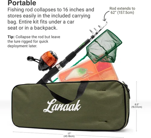 Miniatura 3 de Lanaak Caña de Pescar para Niños, Juego de Caña de Pescar Telescópica Portátil para Niños, Kit Combo de Caja de Aparejos y Red de Pesca, Equipo