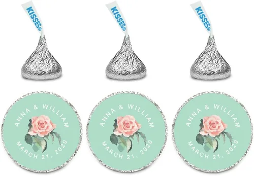 Miniatura 13 de Andaz Press Etiquetas personalizadas de gota de chocolate para boda, nombres y fecha redondos de novios, azul bebé, paquete de 240, personalizadas