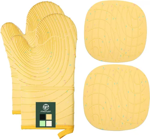 Miniatura 8 de Juego de 4 guantes para horno y soportes para ollas, resistentes al calor, 500 grados, extra gruesos, largos, de algodón, para cocina