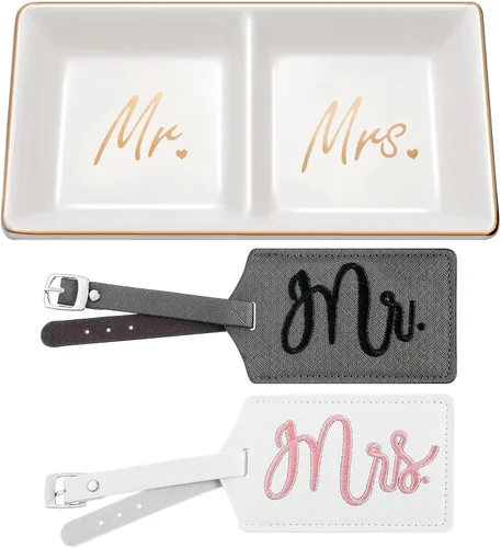 Plato para anillo de boda, plato de compromiso, bandeja de cerámica para bisutería, soporte para anillos de joyería de boda con 2 etiquetas de
