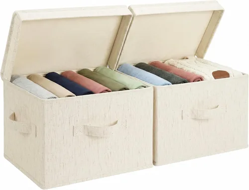 StorageWorks Contenedores de almacenamiento de tela con tapa, cajas de almacenamiento decorativas para estantes, cesta organizadora de armario Beige