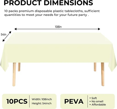 Miniatura 2 de Paquete de 10 manteles desechables de plástico premium de 54 x 108 pulgadas, mantel rectangular para mesa, para cumpleaños, bodas, Navidad, Beige