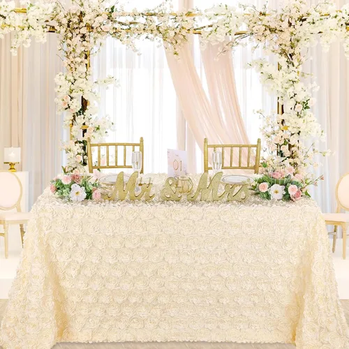 Miniatura 14 de QueenDream Mantel de roseta dorada de 90 x 132 pulgadas, mantel floral rústico para bodas, fiestas de cumpleaños, eventos y decoración