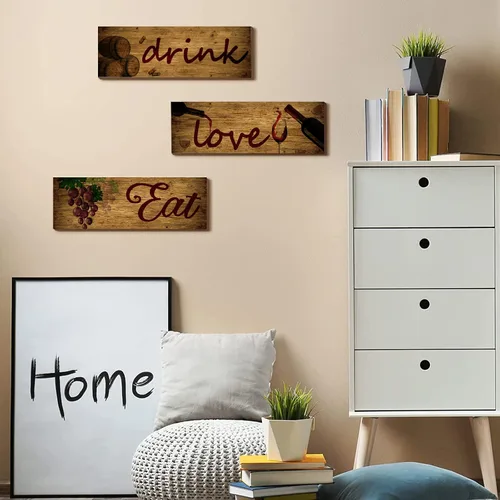 Miniatura 4 de 3 piezas de arte de pared de vino tinto con diseño de barril de madera, para comer, beber, letreros de madera para decoración de cocina, frutas
