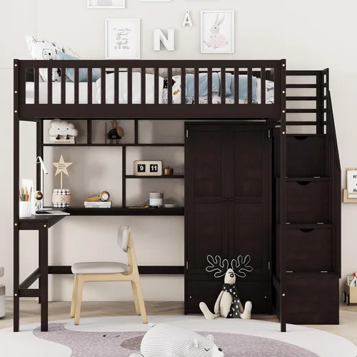 Miniatura 11 de Cama tipo loft de tamaño individual con escritorio en forma de L y 3 cajones, marco de cama de madera con escalera y armario de almacenamiento