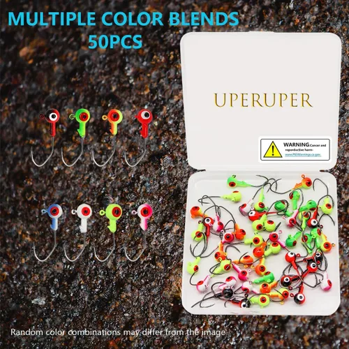 Miniatura 2 de Juego de 50 ganchos de cabeza de plantilla de pesca, plantillas de pesca de bola redonda con ojos 3D, ganchos de acero al carbono para señuelos