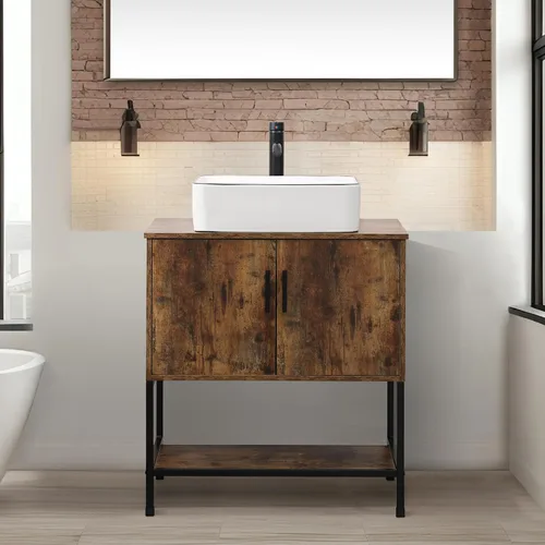 Miniatura 31 de UEV Tocador de Baño de Roble Rústico de 24" con Lavabo, Conjunto de Gabinete de Baño con Marco de Hierro Industrial con Puertas y Estante, con Combo