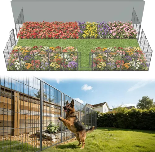 Miniatura 24 de FXW - Valla de jardín metálica y resistente para exteriores, barrera para perros y conejos, fácil instalación, negro, 24 pulgadas de alto x 29.6