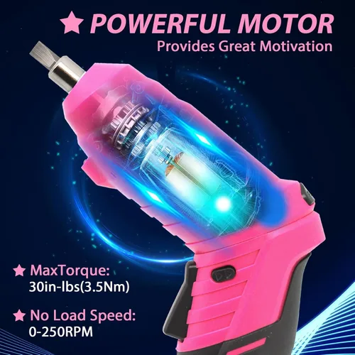 Miniatura 8 de Juego de destornilladores eléctricos inalámbricos rosados, taladro eléctrico pequeño recargable de 3.7 V con juego de 47 puntas de destornillador
