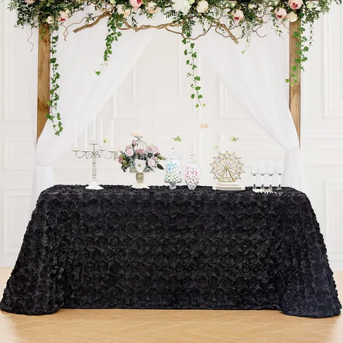 Miniatura 4 de B-COOL Mantel de rosetón negro de 60 x 102 pulgadas, mantel rectangular floral 3D para decoración de cumpleaños al aire libre, fiestas de cumpleaños