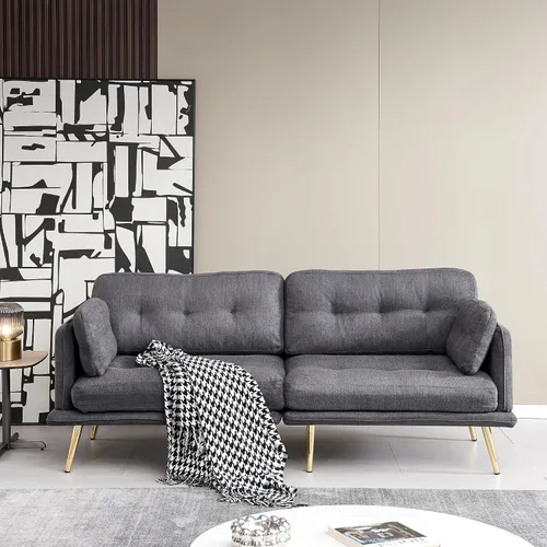 Miniatura 8 de Anwick Sofá biplaza moderno de tela de lino tapizado de 3 plazas con patas de metal y almohada para sala de estar, dormitorio, apartamento, Rosado