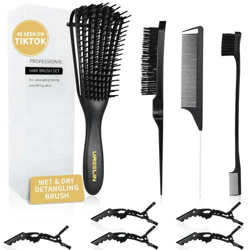 Miniatura 10 de UREELIN Juego de cepillos para el cabello rizado, desenredante para cabello afroamericano/africano texturizado 3a a 4c, cepillo desenredante