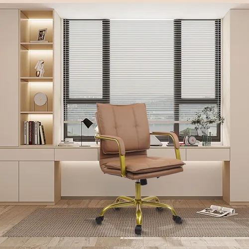 Miniatura 2 de CLATINA Sillas de Escritorio de Cuero para Oficina en Casa, Silla Giratoria de Respaldo Medio para Computadora con Patas y Brazos Dorados, Cómoda