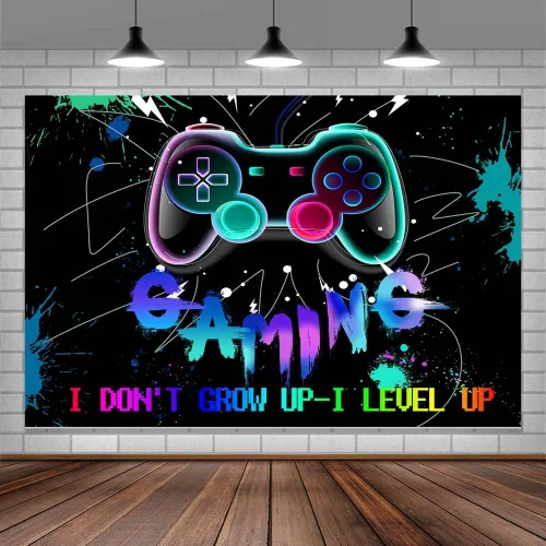 Telón de fondo para fiesta de videojuegos, fondo de feliz cumpleaños, decoración de sala de juegos, decoración de sala de juegos, 5 x 3 pies, color