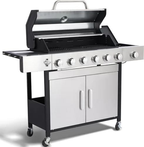 Miniatura 8 de Parrilla de gas propano 3+1 quemador de 39,000 BTU con rejillas de hierro fundido y quemador lateral, tapa de acero inoxidable de doble pared, calor