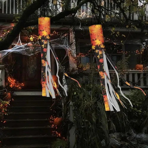 Miniatura 6 de Mumeson 2 piezas de calcetines de viento de otoño de arce de otoño, decoración al aire libre con bandera de cola, decoración colgante para pared