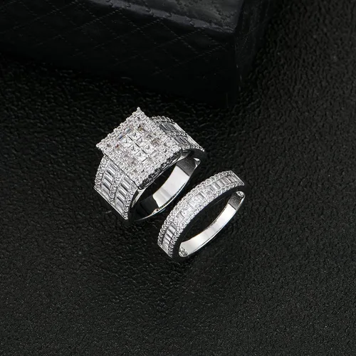 Miniatura 6 de Hiyong Juego de anillos de boda para mujer, oro blanco, circonita cúbica, anillos de compromiso de plata de moda para mujer