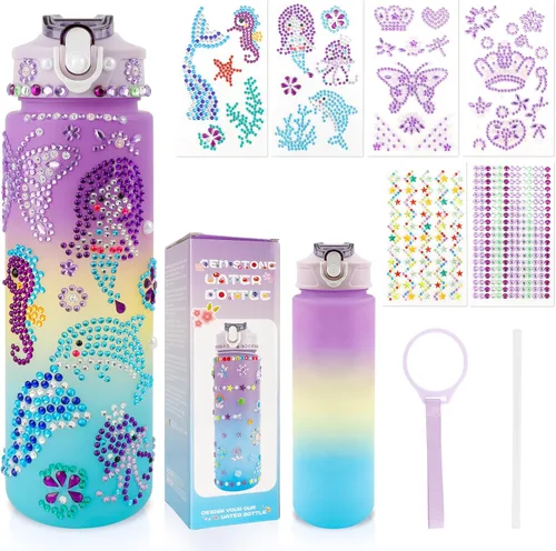 iRFKCIOW Decora tus propios kits de botellas de agua para niñas de 4 a 12 años, botella de agua de bricolaje con calcomanías de gemas, pintura de
