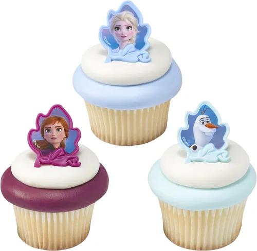 Miniatura 5 de DecoPac Anillos Frozen II, decoraciones de cupcakes con Elsa, Anna y Olaf para celebraciones de cumpleaños y Navidad, paquete de 24