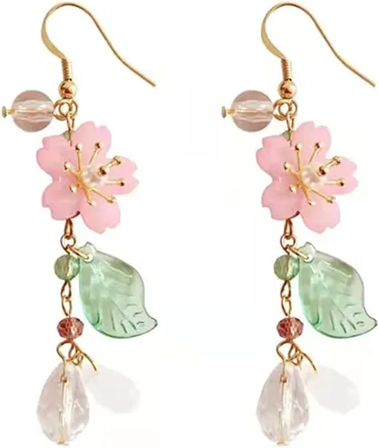 Aretes de flores para mujer, chapados en oro blanco de 18 quilates, aretes colgantes de flores Verde, rosa, amarillo, azul, 0.87 x 0.53 pulgadas