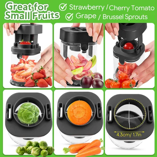 Miniatura 6 de Cortador de frutas pequeño, cortador creativo de fresas y uvas, haciendo rápidamente ensalada de frutas y verduras (negro)