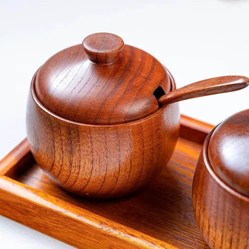 Miniatura 3 de Cuenco de madera para sal y pimienta, caja de especias con tapa, cuchara, sal, bodega, tazones para especias, soporte para azúcar de cocina