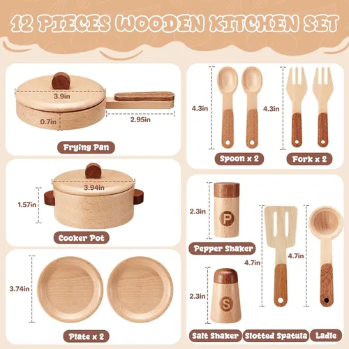 Miniatura 5 de WHOHOLL Accesorios de cocina de madera, juguetes de simulación, ollas y sartenes, juego de cocina para niños pequeños de 3, 4, 5, 6, juego de cocina