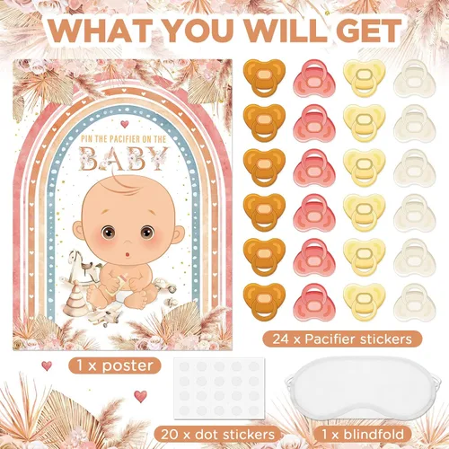Miniatura 3 de Faccito Pin The Pacifier Juego de Baby Shower Decoraciones de Fiesta de Baby Shower Incluye Póster Grande 24 Calcomanías de Chupete Venda
