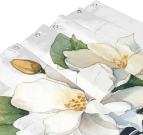 Miniatura 3 de YLATY3027 - Cortina de ducha con estampado de flores y flores para baño, juego de cortina de ducha bohemia con hojas verdes y flores blancas, tela