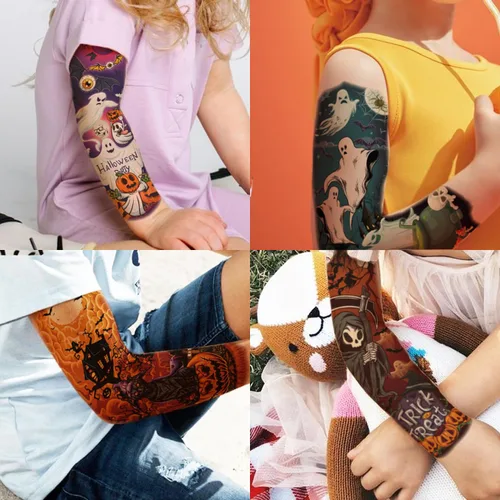 Miniatura 5 de CHARLENT Tatuajes temporales de brazo completo de Halloween para niños, 11 hojas de tatuajes de Halloween de brazo completo para niños y niñas