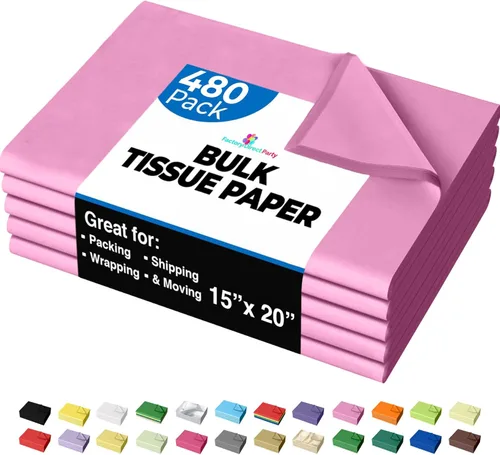 Party Solids Papel de seda rosa para bolsas de regalo, papel de seda a granel de 15 x 20 pulgadas, 480 hojas, papel de periódico de 10 libras para