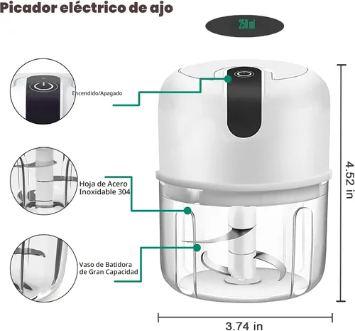 Miniatura 5 de 250ML Mini licuadora eléctrica de ajo, picadoras de verduras portátiles, triturador de ajo y picador de cebolla, licuadora para vegetales
