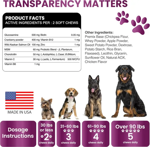 Miniatura 6 de Multivitamínico masticable con glucosamina para perros, vitaminas y suplementos para perros, multivitamínico para adultos mayores y cachorros