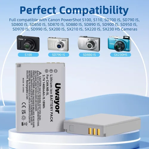 Miniatura 2 de Paquete de 2 baterías NB-5L y cargador dual para Canon Powershot S100, S110, SD700IS, SD790IS, SD850IS, SD870IS, SD880IS, SD890IS, SD900IS, SD950IS