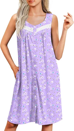 Miniatura 13 de Ekouaer Camisones para mujer, con botones, sin mangas, suave, con bolsillos, tallas S-XXXL
